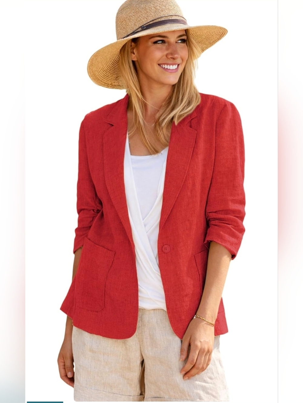 Ina Vibrant Red Single-Button Blazer with Ruched Sleeves